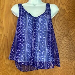 Blue and white sheer see through floral button down tank top
